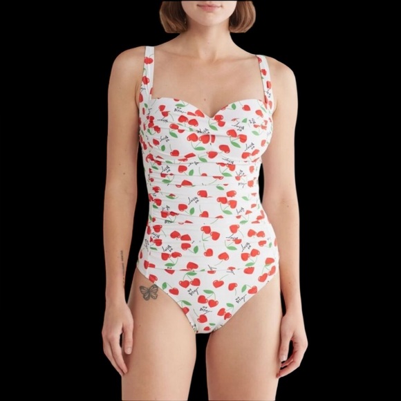 Ekouaer Other - One-Piece Swimsuit Women's Size XL White Cherry Bomb ruched pin up NWOT